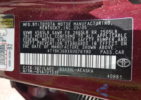 2006 Toyota Avalon Xls из США, поврежденный, VIN 4T1BK36BX6U076190